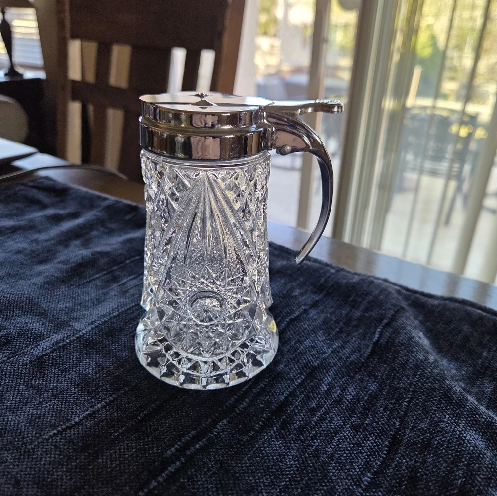 Vintage Imperial Glass Syrup Pitcher Hobstar Pattern With Metal Lid